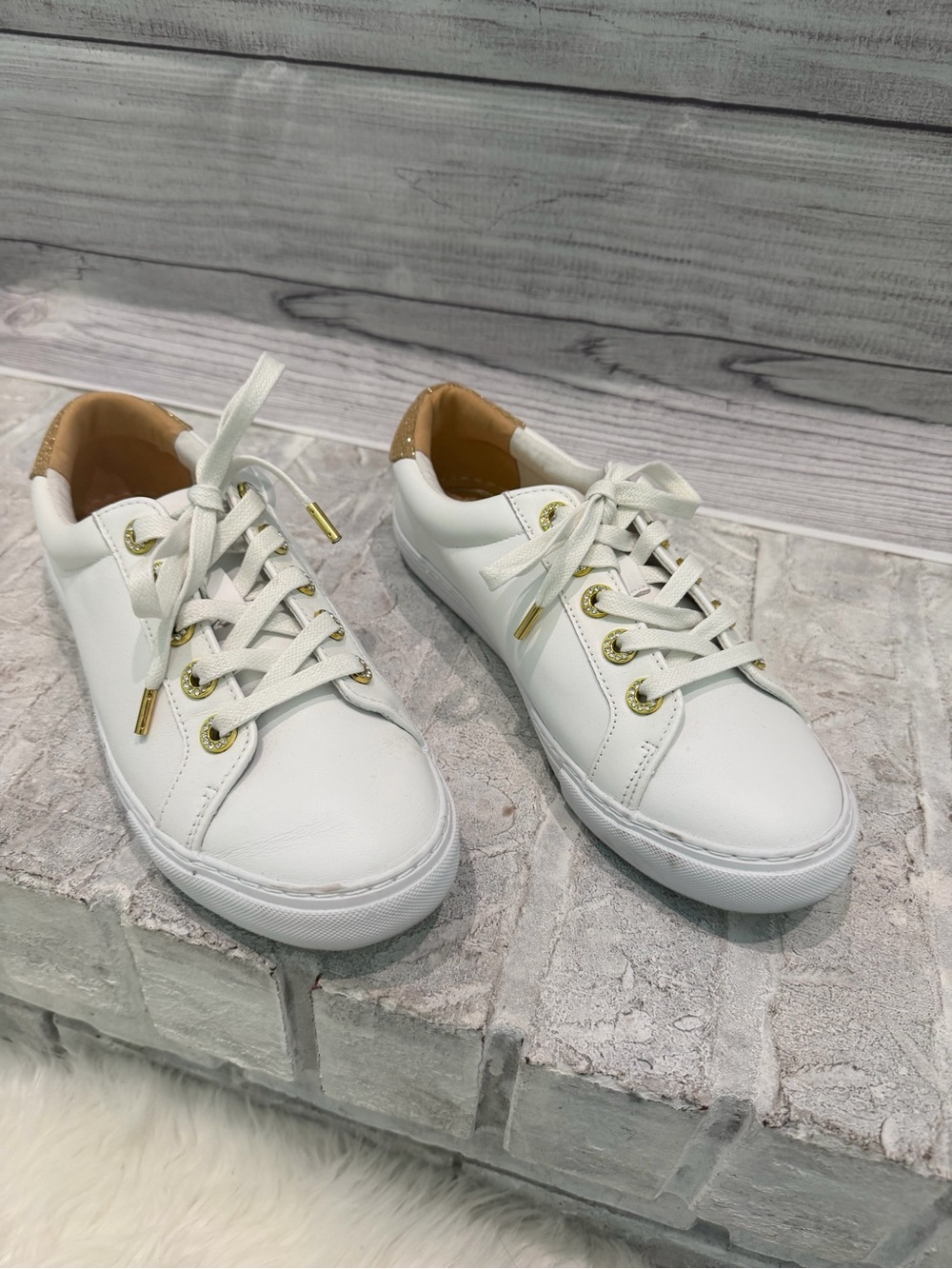 Lilly Pulitzer White Leather Sneakers with Gold Print Interior